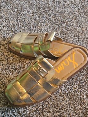 Metallic Gold Woven Slide Sandals By Sam Edelman